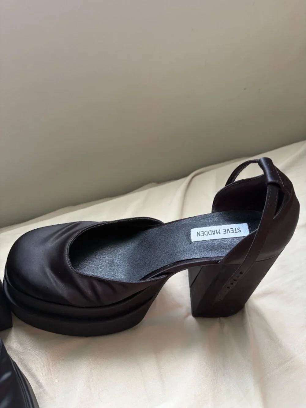 Steve Madden Charlize Black Satin Platform Heels with Ankle Strap